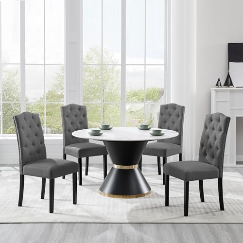 Lestarain Chaise Salle à Manger Lot de 6 Chaise Scandinave avec Assise Rembourrée Revêtement en Lin Haut Dossier Bois Ma