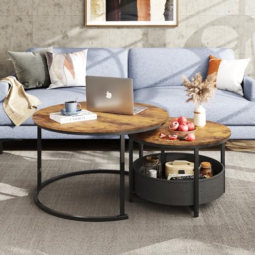 WLIVE Table Basse Rondes, Lot de 2 Tables Basses gigognes, Design Industriel, 80/60cm pour Salon (Marron) – The Forest S