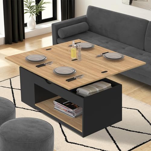 IDMarket - Table basse rectangulaire relevable convertible en table à manger bois noir et façon hêtre pour salon