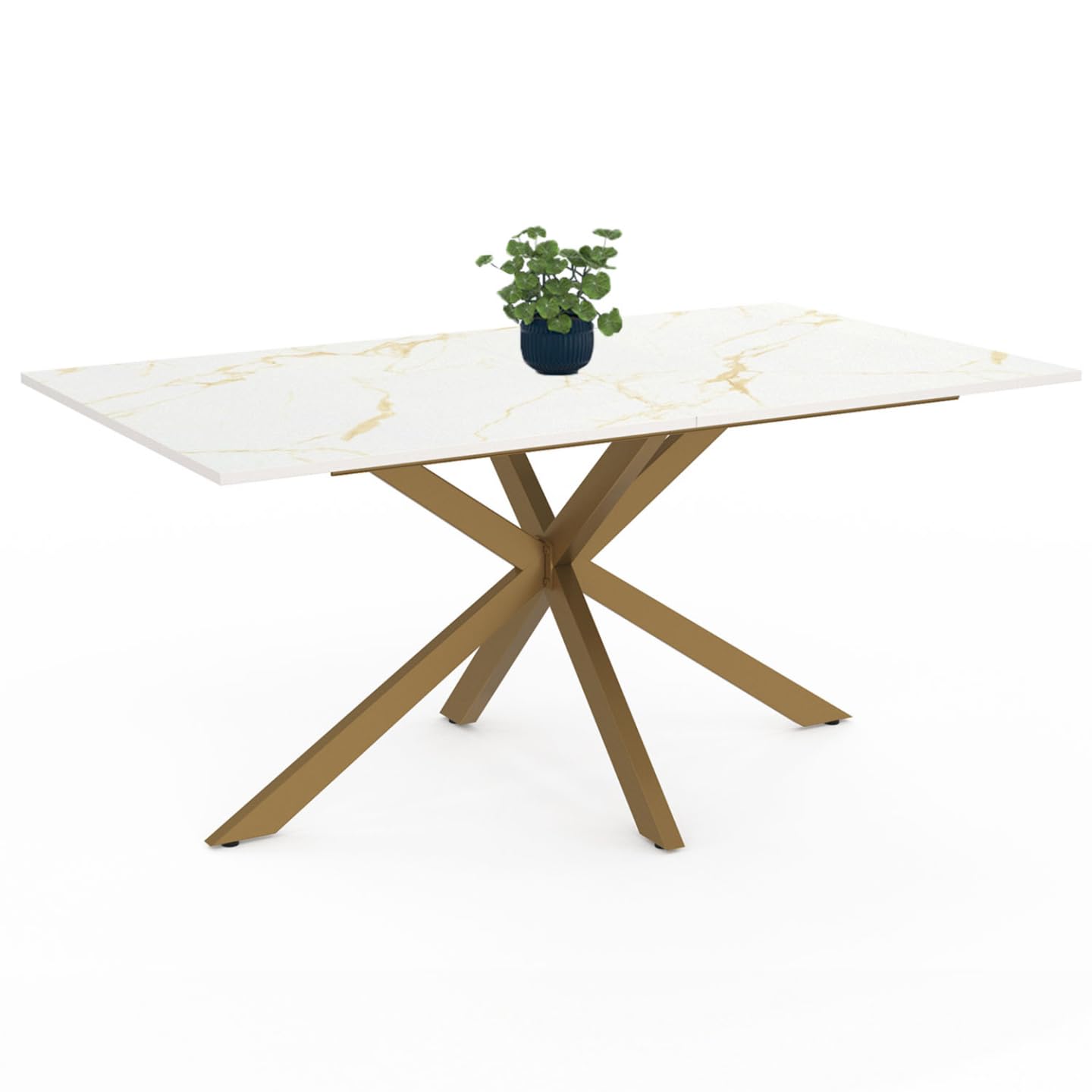 IDMarket Table à Manger Rectangle Alix 8 Personnes 160 cm, Pied Araignée Laiton et Plateau Effet Marbre Blanc Alaska