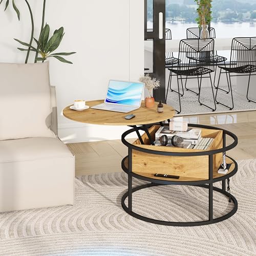 Xinyvee Table basse industrielle en bois avec rangement, table ronde relevable avec LED et prises électriques (Jacquier)