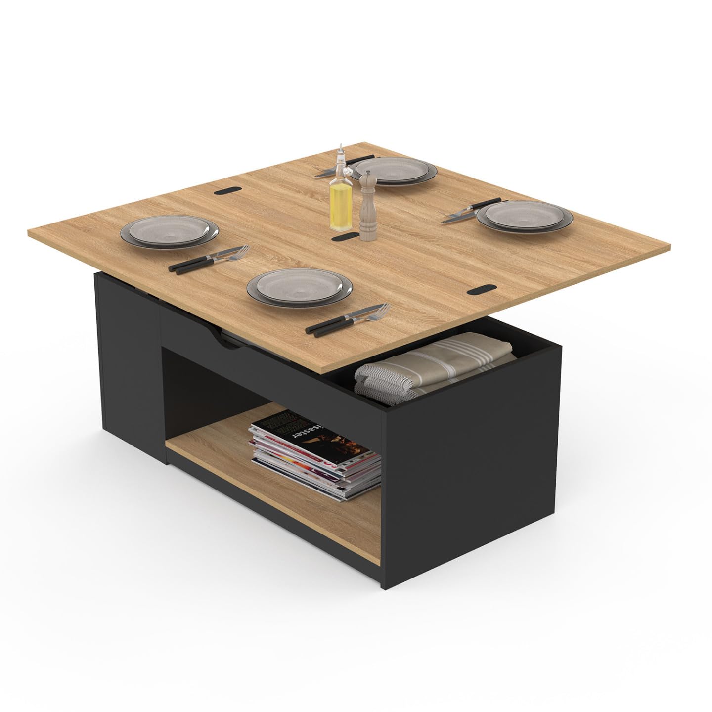 IDMarket - Table basse rectangulaire relevable convertible en table à manger bois noir et façon hêtre pour salon