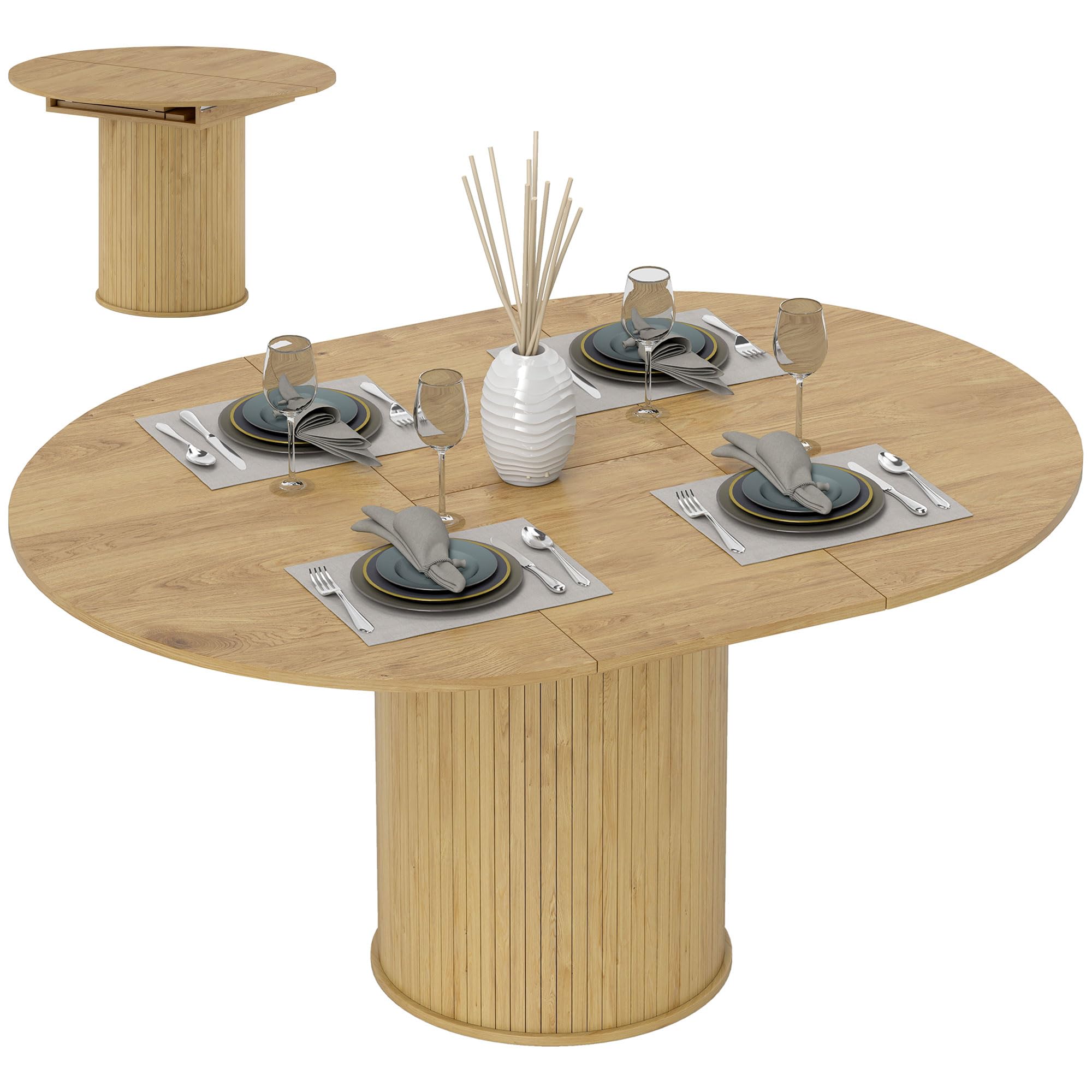 HOMCOM Table à Manger Extensible 110-150cm pour 6-8 Personnes, MDF & Acier, Table Ronde avec Panneaux Amovibles, Meuble 