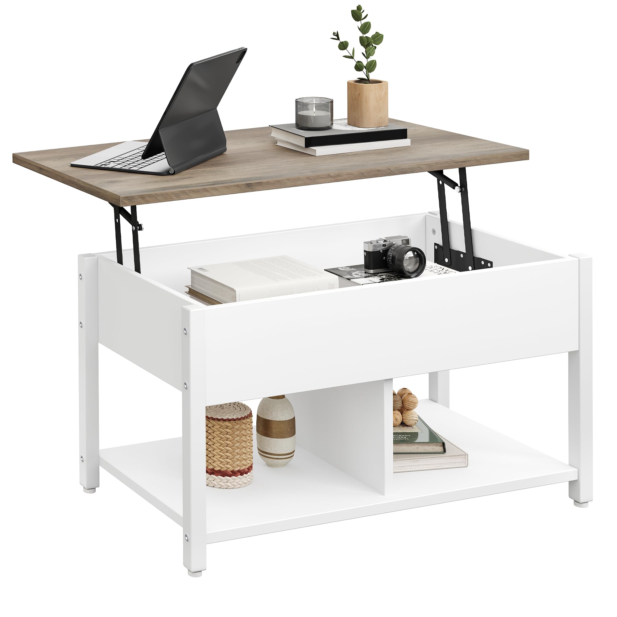 YITAHOME Table basse relevable multifonctionnelle, rangement 2 niveaux, Salon Bureau, Blanc Gris, Housse reversible The 