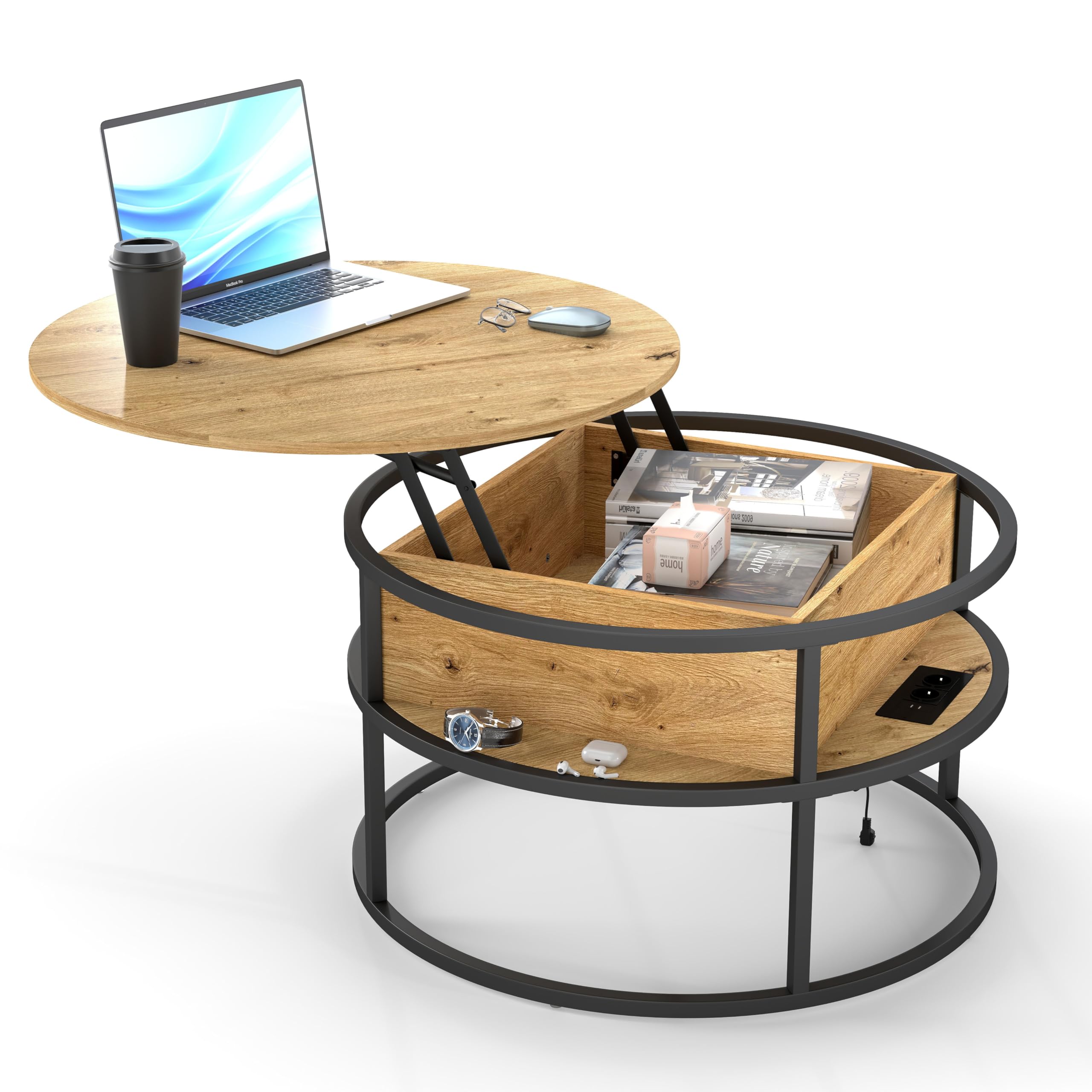 Xinyvee Table basse industrielle en bois avec rangement, table ronde relevable avec LED et prises électriques (Jacquier)